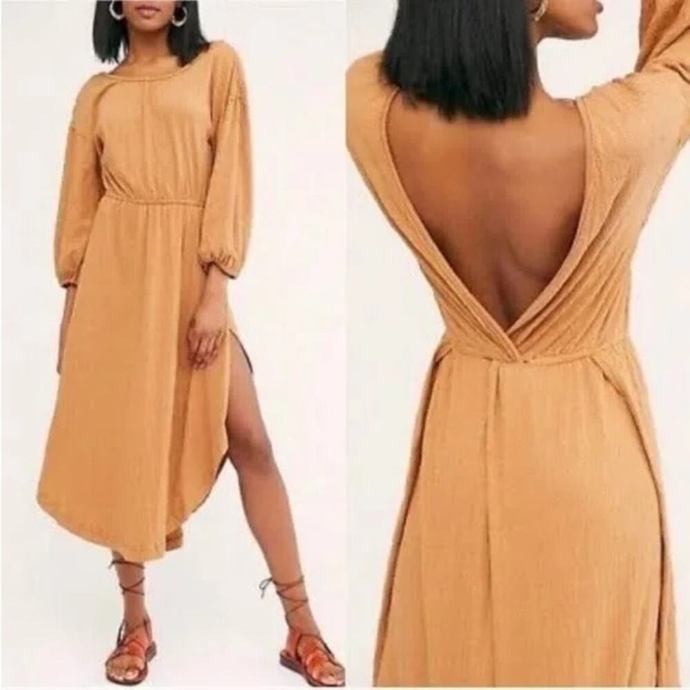 Free People Camel Open-Back Midi Dress